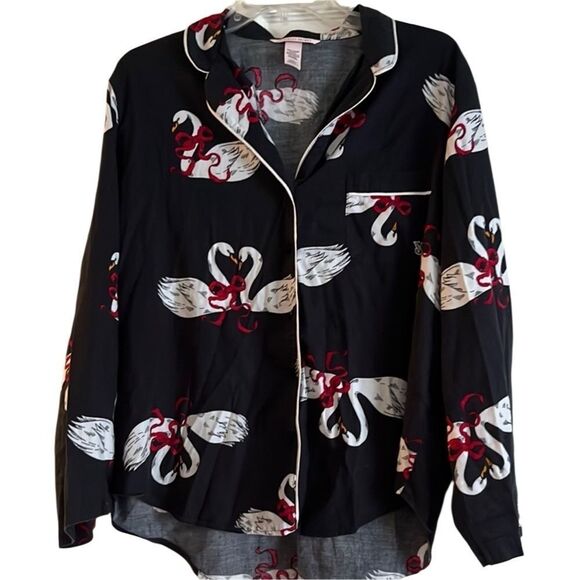 Victoria’s Secret- Midnight Swans Long Pajama Set, Black Button Down, Large - Picture 3 of 10